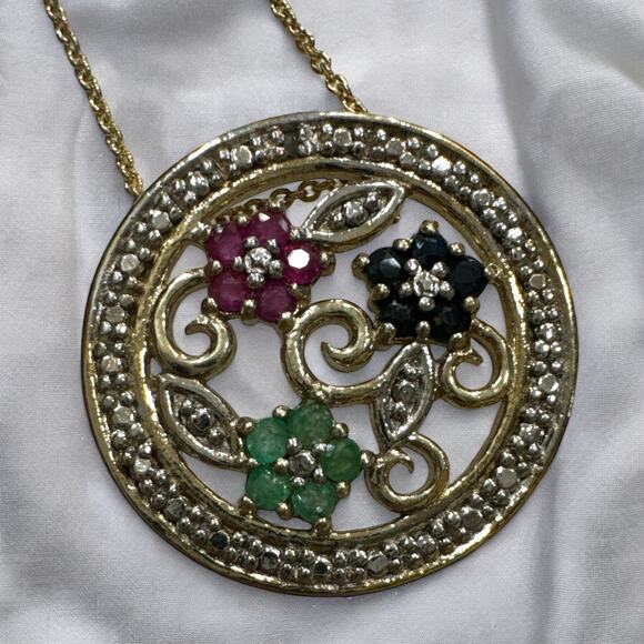 Vintage 18K Gold over 925 Ruby Emerald Sapphire and Diamond Pendant Necklace - Picture 1 of 5